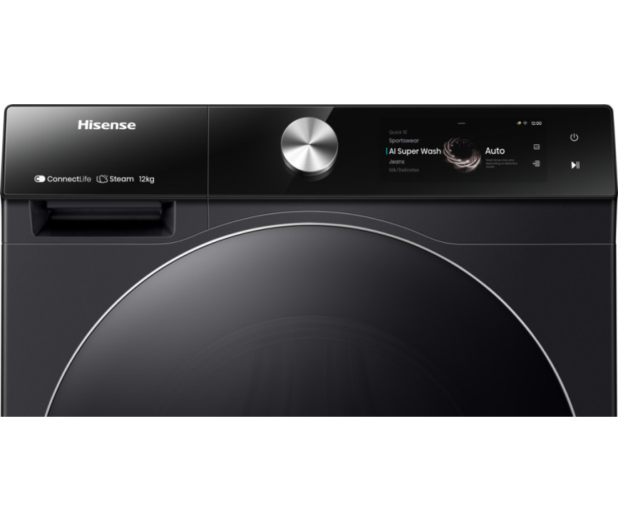Hisense WF7S1247BB zwarte wasmachine met AI en AutoDose