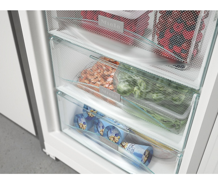 Het No-Frost systeem in het vriesgedeelte van de Miele KFN29142D WS zorgt ervoor dat u deze zone nooit meer handmatig hoeft te ontdooien