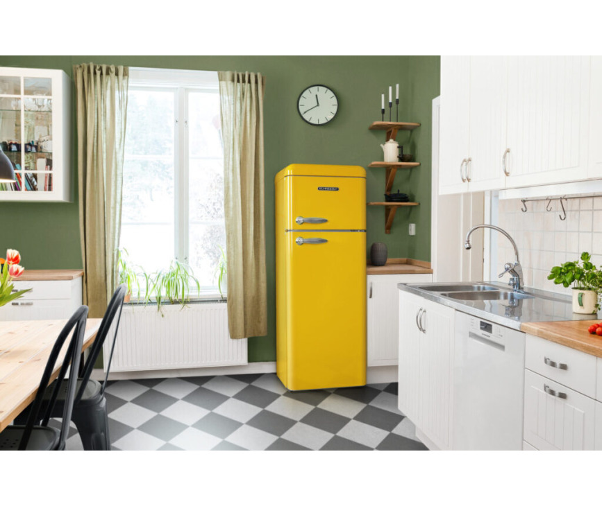 Schneider SCDD208VCAN retro jaren 50 koelkast - geel