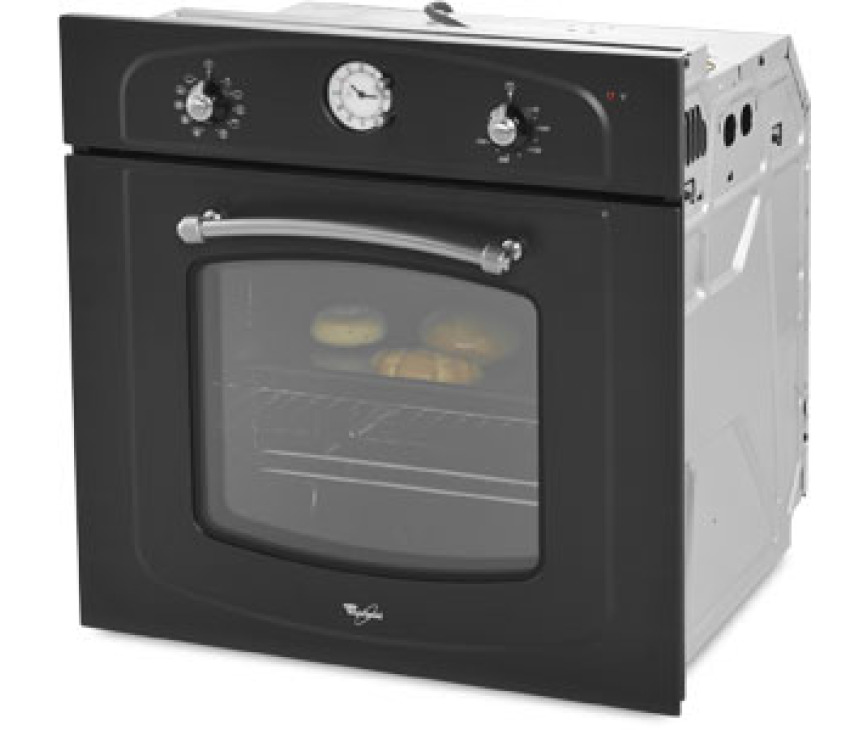 Het klassiek landelijke design van de Whirlpool AKP290NA wordt versterkt door de kleur antraciet, de ronde grepen en het analoge klokje