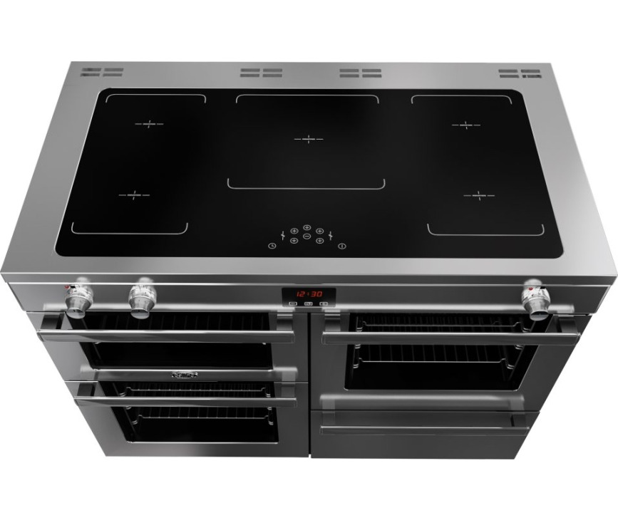 De Belling Cookcentre 110 Ei prof.rvs beschikt over vijf inductie kookzones en heeft tiptoets bediening in het midden