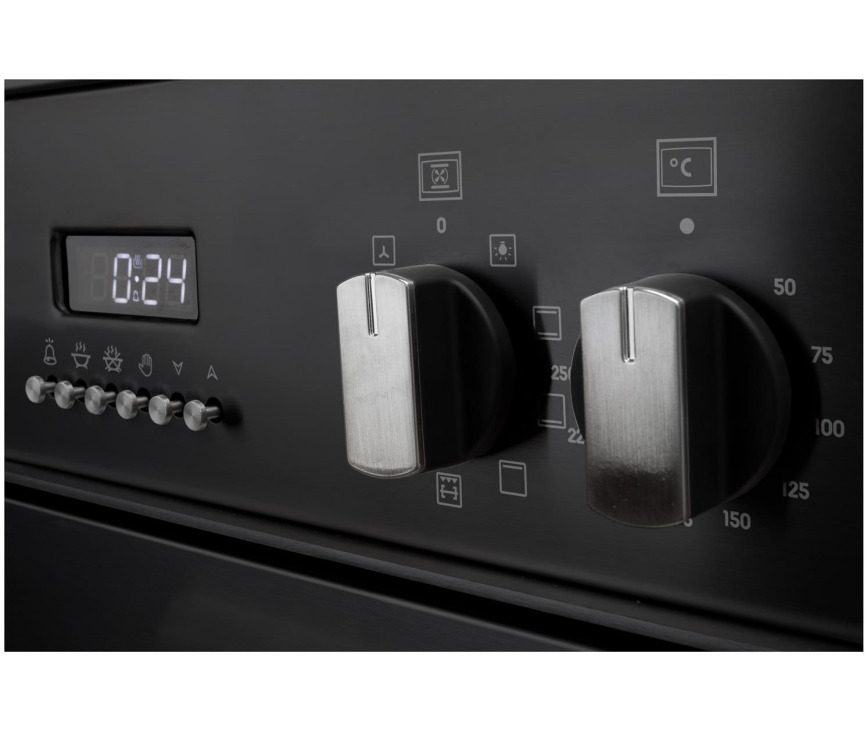 Met de beide knoppen kan zowel de oven van functie en temperatuur voorzien worden.