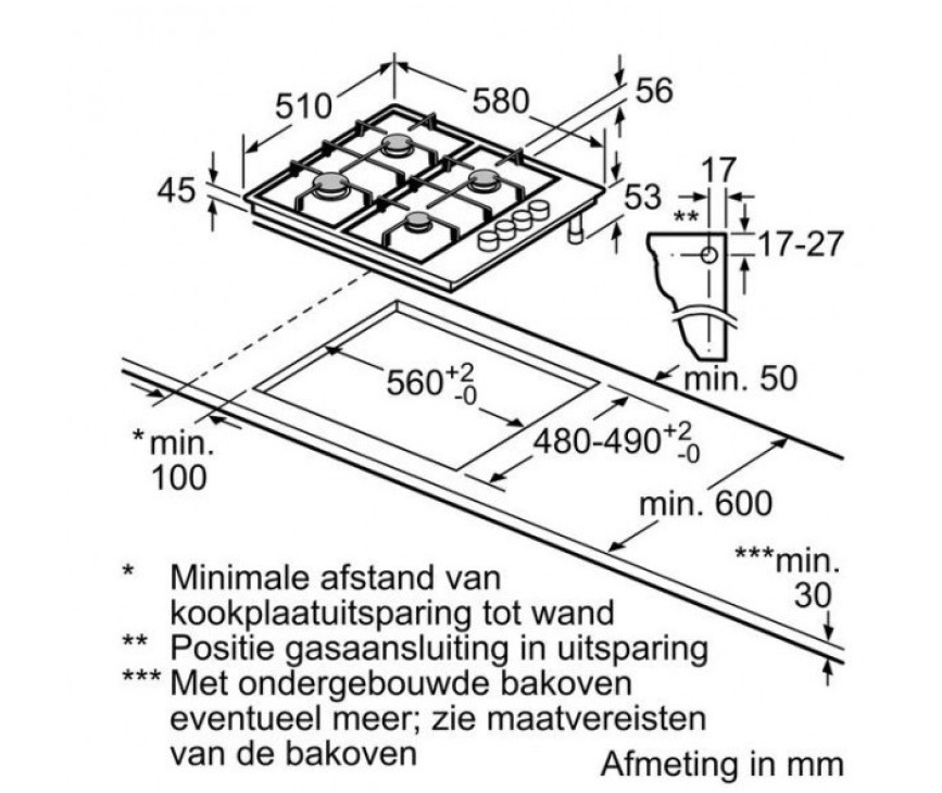 Maattekening Constructa CA114251NL gas  kookplaat