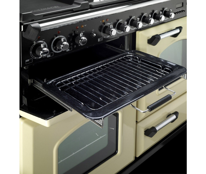 De oven linksboven van de Classic Deluxe 110 is een speciale grill-out oven