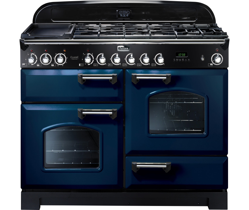 FALCON Classic Deluxe 110 gas elektro fornuis in de kleur blauw met chroom design