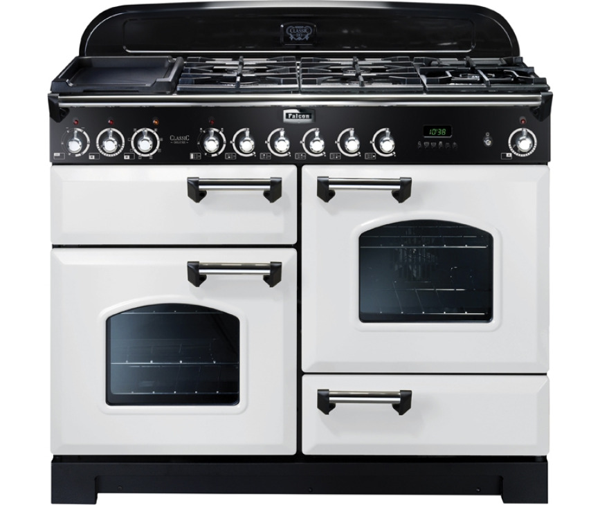 FALCON Classic Deluxe 110 gas elektro fornuis in de kleur wit met chroom design