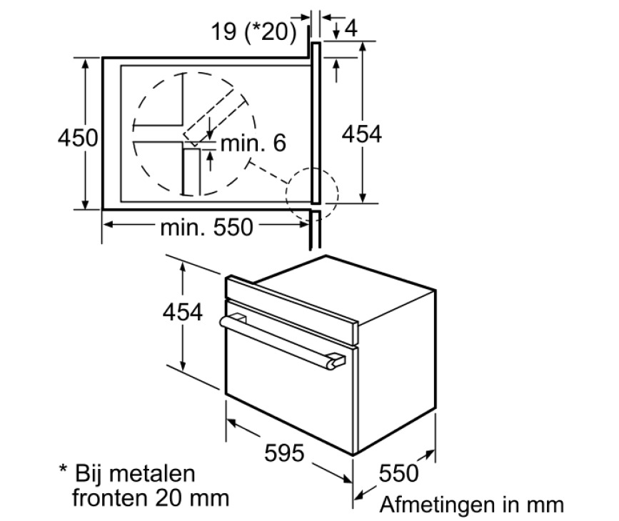 Buitenmaten van de SIEMENS combi-stoomoven HB36D675 zwart