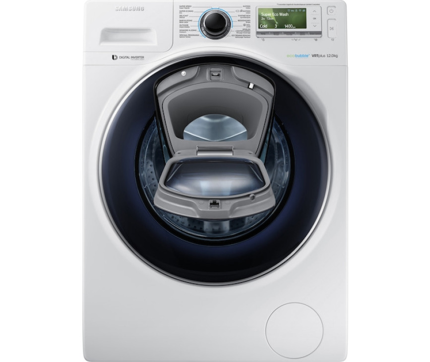 De Samsung WW12K8402OW afgebeeld met geopende Addwash klep