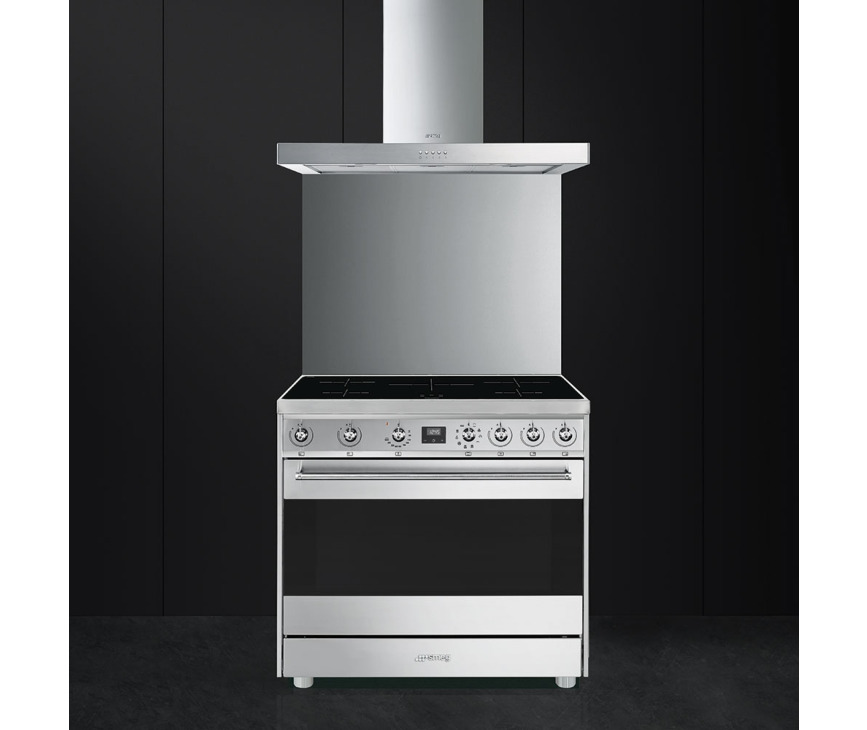 Het SMEG inductie fornuis C9IMX9 is eveneens leverbaar als set in combinatie met achterwand en afzuigkap