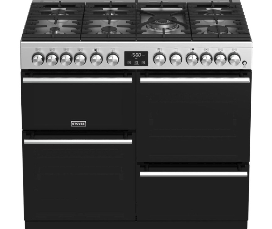 De ovenruiten van het Stoves Precision DX S1000DF EU SS rvs fornuis zijn geblindeerd