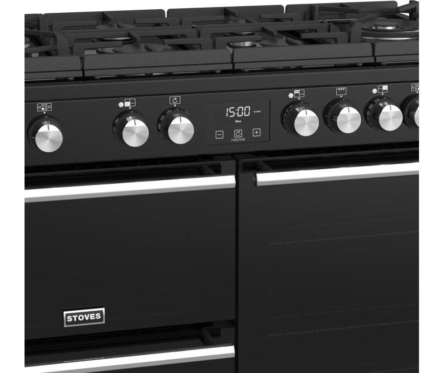 Het Stoves Precision DX S1000DF GTG EU BK zwart fornuis heeft chromen details