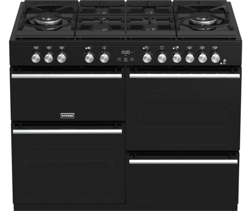 Het Stoves Precision DX S1100DF GTG EU BK zwart fornuis heeft twee wokbranders van 5,0 kW