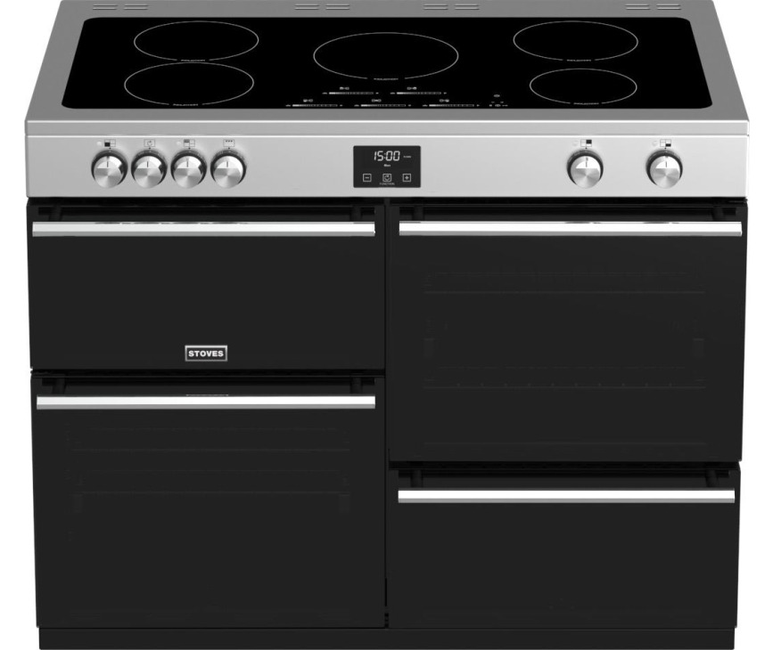De grote ovendeuren van de Stoves Precision DX S1100Ei SS rvs inductie fornuis hebben geblindeerde ruiten