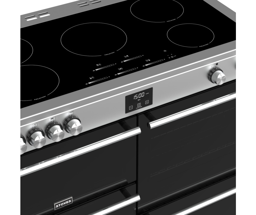 Het Stoves Precision DX S1100Ei SS rvs inductie fornuis heeft vijf verschillende inductiezones