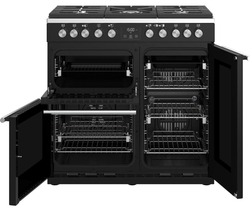 Het Stoves Precision DX S900DF EU BK zwart fornuis heeft drie ovens, splitbaar naar vier