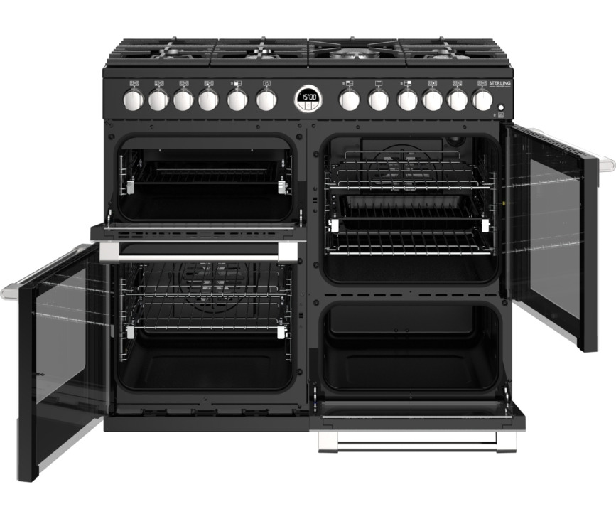 De Sterling S1000 DF Deluxe black is uitgevoerd met drie ovens waaronder een hetelucht en een grill oven