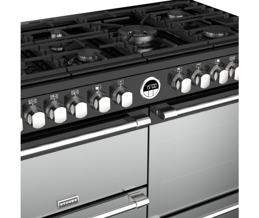 Het Stoves Sterling S1100 DF Deluxe zwart fornuis heeft wel zeven gasbranders