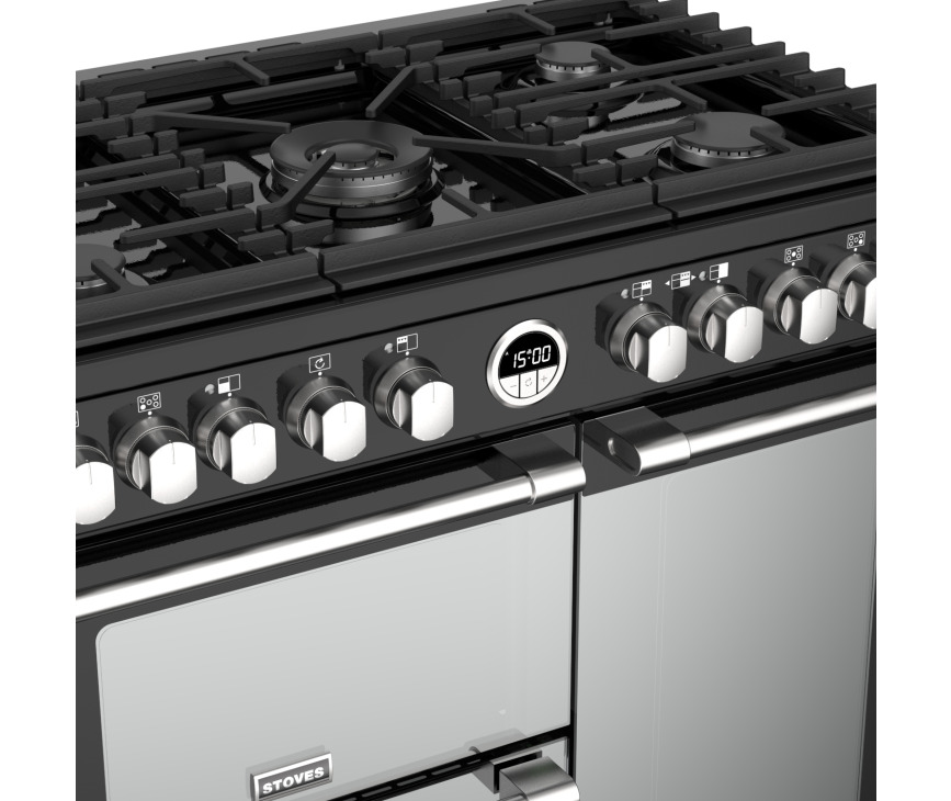 De pandragers op het Stoves STERLING S900 DF DELXUE ZWART fornuis zijn van stevig gietijzer