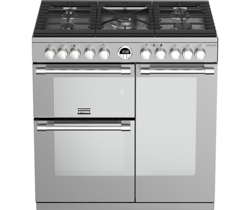 Het Stoves Sterling S900 DF rvs fornuis heeft spiegelende ovenruiten