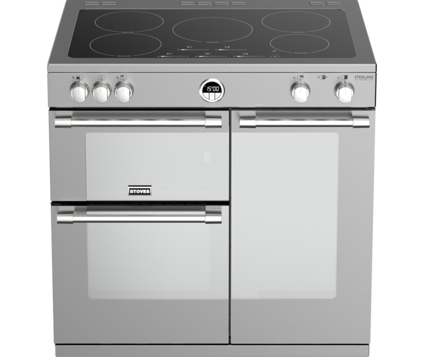 De ovenruiten van het Stoves Sterling S900 EI Deluxe rvs inductie fornuis zijn spiegelend