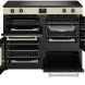 Belling FARMHOUSE fornuis ovens open – overzicht van drie aparte ovenruimtes