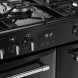 Detail bedieningspaneel Belling FARMHOUSE 90DF BLK met retro knoppen en digitale klok