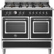 Bertazzoni HER106L2ENET2 fornuis vooraanzicht met zes gasvlammen, bedieningspaneel en twee ovens met glazen deuren