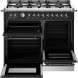 Bertazzoni HER106L2ENET2 fornuis met geopende ovendeuren toont interieur van beide ovens en uitschuifbare pan onderaan
