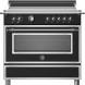 Bertazzoni HER95I1ENET2 fornuis vooraanzicht met inductiekookplaat, bedieningspaneel en geopende ovenlade