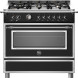 Bertazzoni HER96L1ENET2 fornuis vooraanzicht met zes gasvlammen, bedieningspaneel en geopende oven