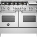 Bertazzoni MAS126G2EXT2 fornuis vooraanzicht met 6 gasbranders, plancha en twee ovens