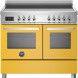 Bertazzoni PRO105I2EGIT2 fornuis vooraanzicht met gele deurkast, inductiekookplaat en bedieningspaneel