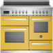 Bertazzoni PRO105I3EGIT2 fornuis vooraanzicht met geel front, inductiekookplaat, bedieningsknoppen en twee ovens
