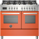 Bertazzoni PRO106L2EART2 fornuis vooraanzicht met zes gasbranders, bedieningspaneel en twee oranje ovens