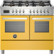 Bertazzoni PRO106L2EGIT2 fornuis vooraanzicht met gele kasten, zes gasbranders en twee ovens