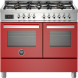 Bertazzoni PRO106L2EROT2 fornuis vooraanzicht met rood front, dubbele ovens en zescilinder gasfornuis bovenop