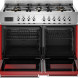 Bertazzoni PRO106L2EROT2 fornuis met geopende ovendeuren waaronder uitschuifbare kratten in rood en zwart