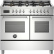 Bertazzoni PRO106L2EXT2 fornuis vooraanzicht met zes gasvlammen, bedieningspaneel en dubbele oven