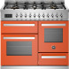Bertazzoni PRO106L3EART2 fornuis vooraanzicht met zes gasvlammen, bedieningspaneel en dubbele oven in oranje
