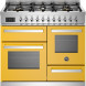 Bertazzoni PRO106L3EGIT2 fornuis vooraanzicht, geel met twee ovens en zescilinder gasfornuis met bedieningsknoppen