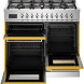 Bertazzoni PRO106L3EGIT2 fornuis met geopende ovendeuren, zichtbaar interieur ovens en uitschuifbare grilllade