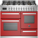 Bertazzoni PRO106L3EROT2 fornuis vooraanzicht met rood glazen onderkast, twee ovens en zesbrander gasfornuis bovenkant