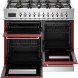 Bertazzoni PRO106L3EROT2 fornuis met geopende ovendeuren en uitschuifbare lade, interieur ovens zichtbaar