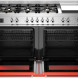 Bertazzoni PRO126G2EART2 fornuis met geopende ovendeur, zichtbare grillen en rode handgrepen