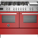 Bertazzoni PRO126G2EROT2 fornuis vooraanzicht met rode fornuiskasten, dubbele ovens en gasfornuis met grillplaat