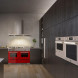 Bertazzoni PRO126G2EROT2 rood fornuis in moderne donkere keukensituatie geïnstalleerd