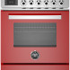 Bertazzoni PRO64I1EROT2 fornuis vooraanzicht met rood front, stalen bovenkant, inductiekookplaat en bedieningsknoppen