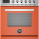 Bertazzoni PRO64L1EART2 fornuis vooraanzicht met rood kastje, zilver bovenbouwkookplaat en grill-ovenkast