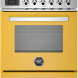 Bertazzoni PRO64L1EGIT2 fornuis, vooraanzicht met gele oven, stalen gasfornuis en bedieningspaneel