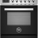Bertazzoni PRO64L1ENET2 fornuis vooraanzicht met vier gaskookplaten, bedieningspaneel en geopende oven